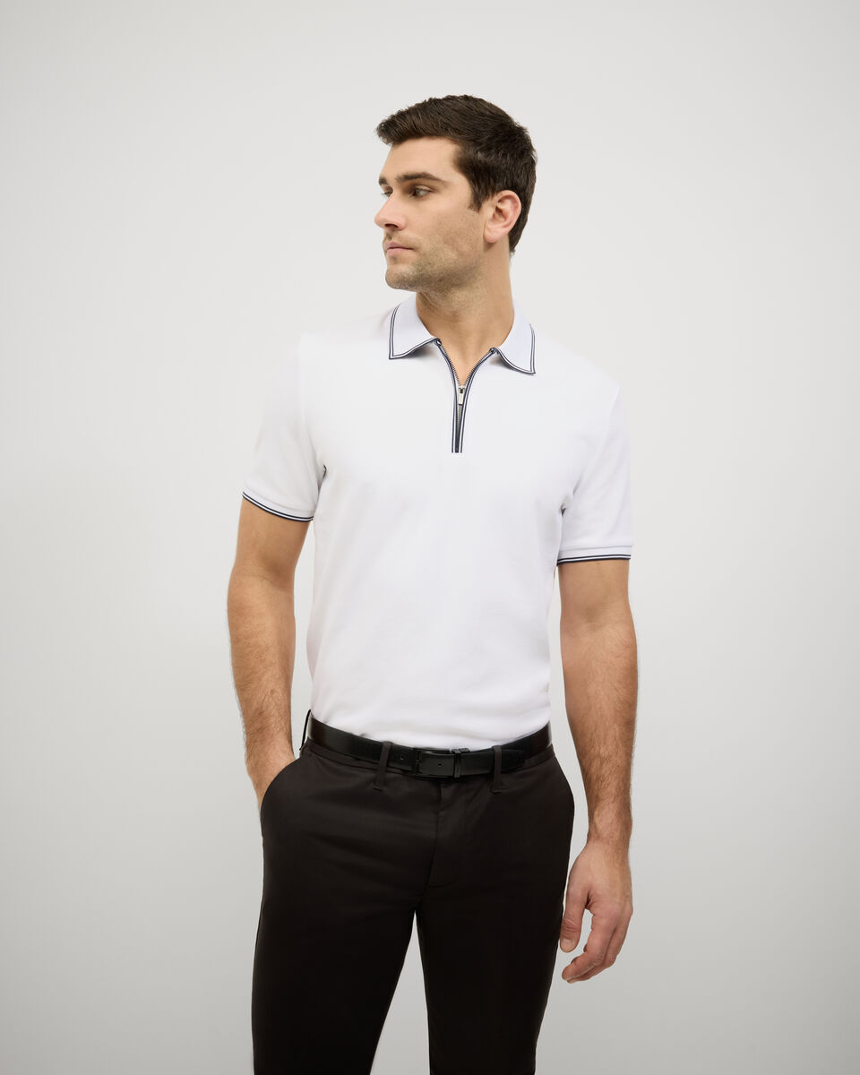 Textured Zip Collar Polo, White Textured Zip Collar Polo, White, hi-res